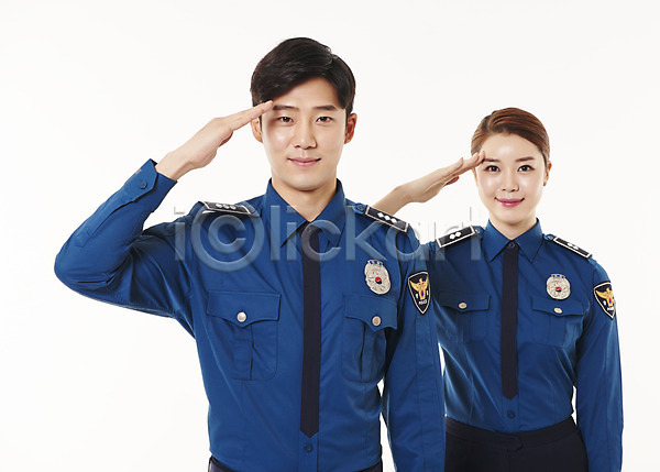 20대 남자 두명 성인 여자 한국인 JPG 앞모습 포토 경례 경찰 경찰복 동료 상반신 서기 스튜디오촬영 실내 웃음