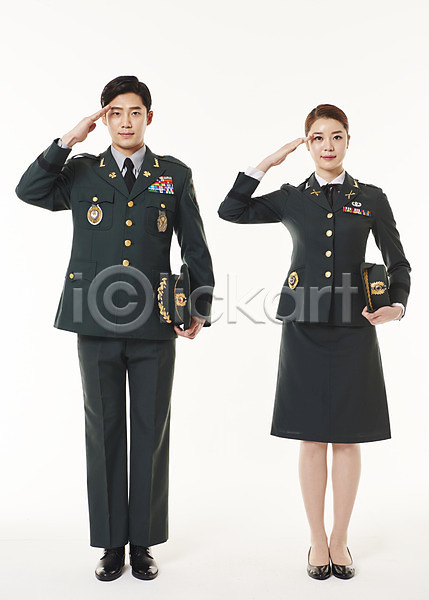 20대 남자 두명 성인 성인만 여자 한국인 JPG 앞모습 포토 경례 군복 군인 서기 스튜디오촬영 여군 전신