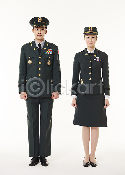 20대 남자 두명 성인 성인만 여자 한국인 JPG 앞모습 포토 군복 군인 서기 스튜디오촬영 실내 여군 전신