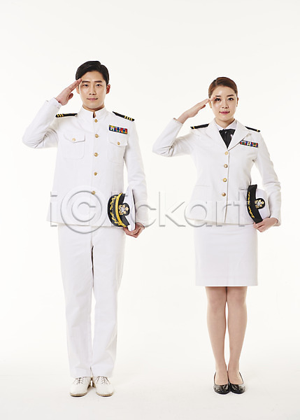 20대 남자 두명 성인 성인만 여자 한국인 JPG 앞모습 포토 경례 서기 스튜디오촬영 실내 여군 전신 해군 해군복