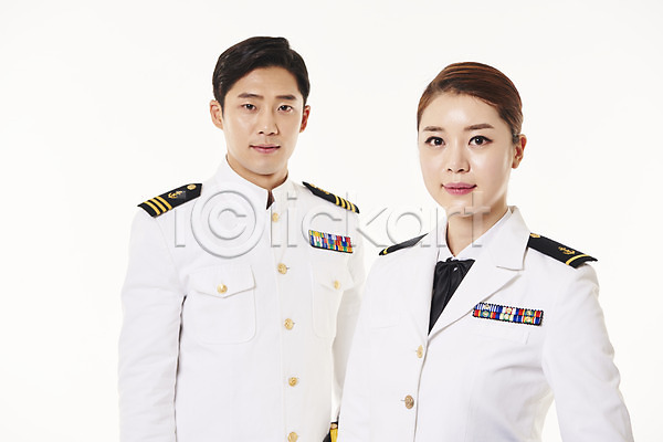 20대 남자 두명 성인 성인만 여자 한국인 JPG 앞모습 포토 상반신 서기 스튜디오촬영 실내 여군 해군 해군복