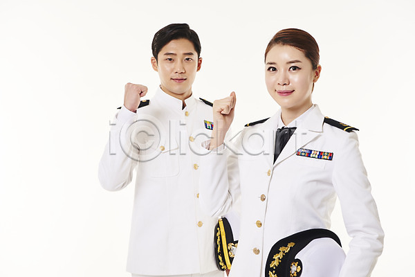 20대 남자 두명 성인 성인만 여자 한국인 JPG 앞모습 포토 상반신 서기 스튜디오촬영 실내 여군 파이팅 해군 해군복