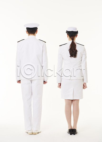 20대 남자 두명 성인 성인만 여자 한국인 JPG 뒷모습 포토 서기 스튜디오촬영 실내 여군 전신 해군 해군복