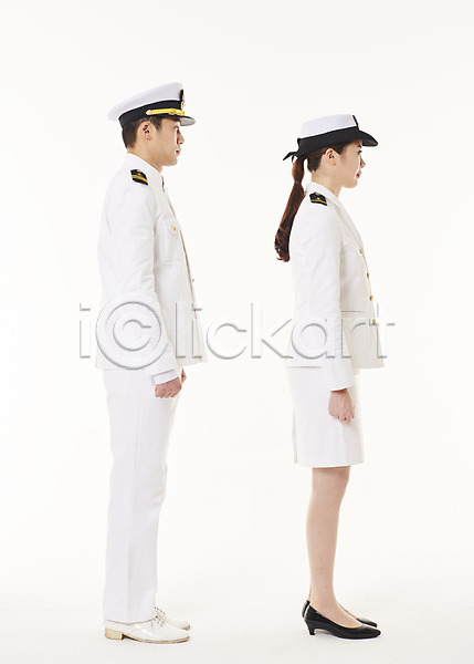 20대 남자 두명 성인 성인만 여자 한국인 JPG 옆모습 포토 서기 스튜디오촬영 실내 여군 응시 전신 해군 해군복