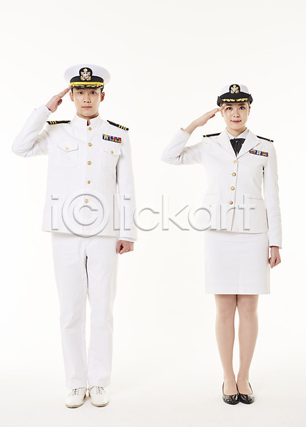 20대 남자 두명 성인 성인만 여자 한국인 JPG 앞모습 포토 경례 서기 스튜디오촬영 실내 여군 전신 해군 해군복