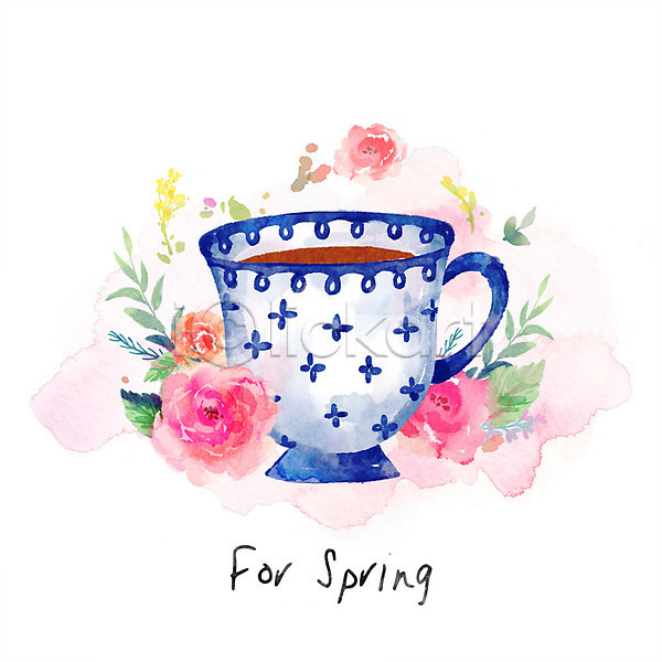 감성 티타임 사람없음 PSD 일러스트 꽃 꽃무늬 봄 수채화(물감) 커피 커피잔 파스텔톤