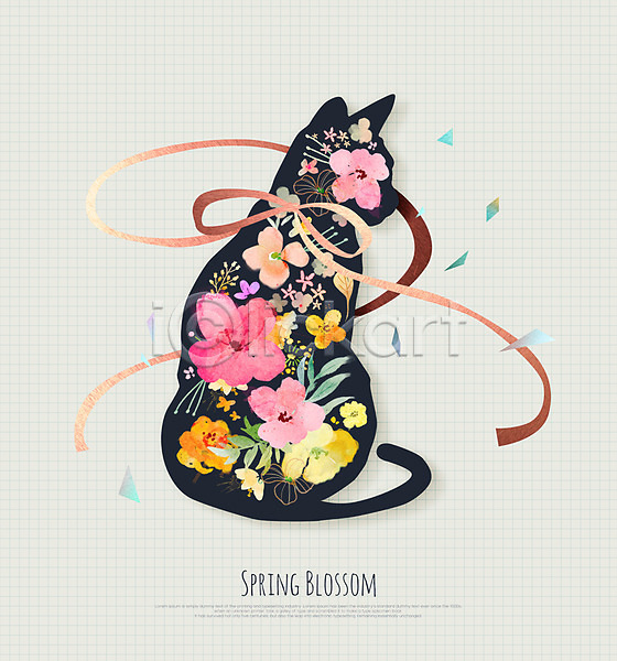 사람없음 PSD 일러스트 고양이 꽃 꽃무늬 동물 리본 봄