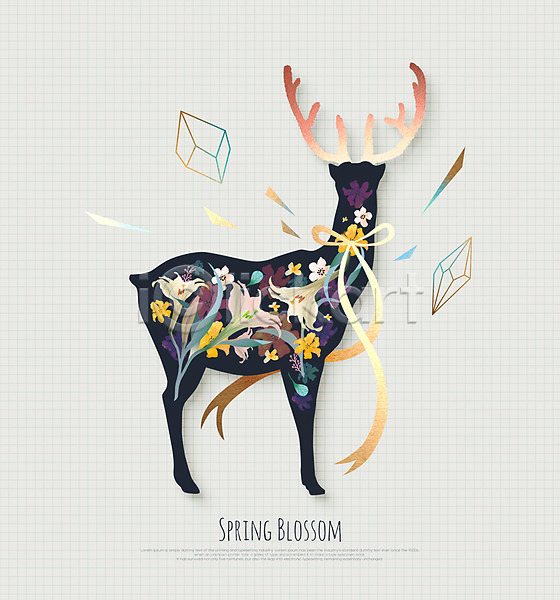 사람없음 PSD 일러스트 꽃 꽃무늬 도형 동물 리본 봄 사슴