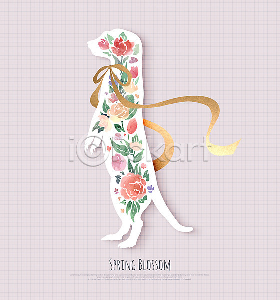 사람없음 PSD 일러스트 꽃 꽃무늬 동물 리본 미어캣 봄
