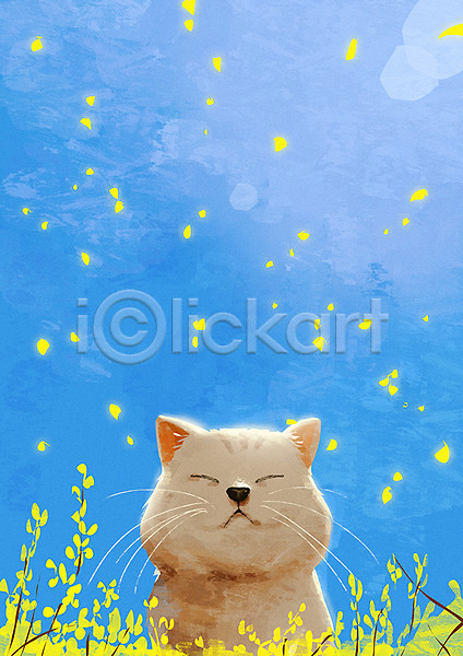 사람없음 PSD 일러스트 고양이 꽃 꽃잎 낙화 동물 백그라운드 봄 봄배경 자연백그라운드 하늘 한마리