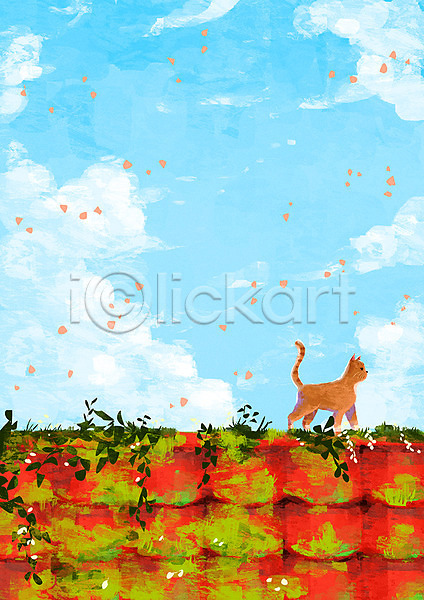 사람없음 PSD 일러스트 고양이 구름(자연) 꽃 꽃잎 낙화 백그라운드 봄 봄배경 자연백그라운드 지붕 하늘 한마리