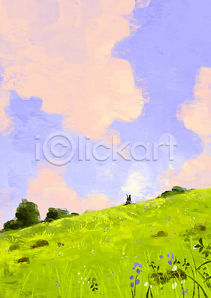 사람없음 PSD 일러스트 고양이 구름(자연) 꽃 백그라운드 봄 봄배경 자연백그라운드 초원(자연) 하늘 한마리