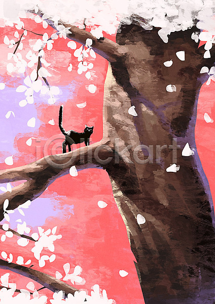 사람없음 PSD 일러스트 고양이 꽃 꽃잎 나무 낙화 벚꽃 벚나무 봄 한마리