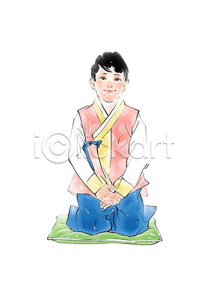 남자 어린이 한명 PSD 일러스트 명절 무릎꿇기 방석 상반신 앉기 절 캘리그라피 한국문화 한국전통 한복