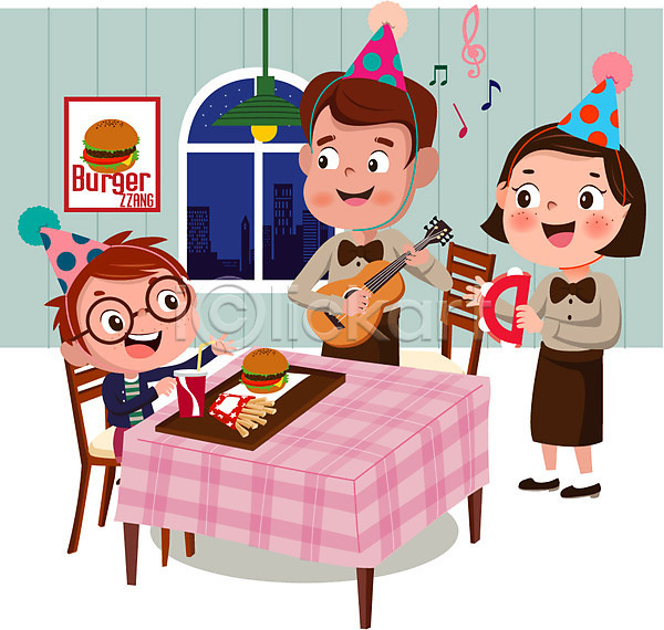 축하 남자 성인 세명 어린이 여자 AI(파일형식) 일러스트 기타 상반신 생일 생일파티 서기 앉기 전신 햄버거