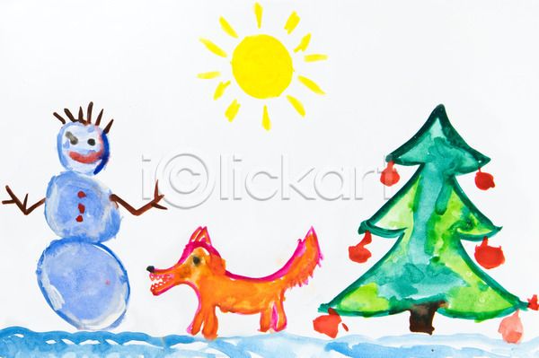 사람없음 어린이 JPG 일러스트 포토 해외이미지 겨울 그리기 그림 나무 눈사람 늑대 물감 미술 붓 수채화(물감) 여우 오렌지 인사 종이 크리스마스 크리스마스트리 태양 페인트 해외202004 흰색