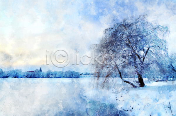 사람없음 JPG 일러스트 포토 해외이미지 겨울 나무 백그라운드 수채화(물감) 자연 파란색 풍경(경치) 해외202004