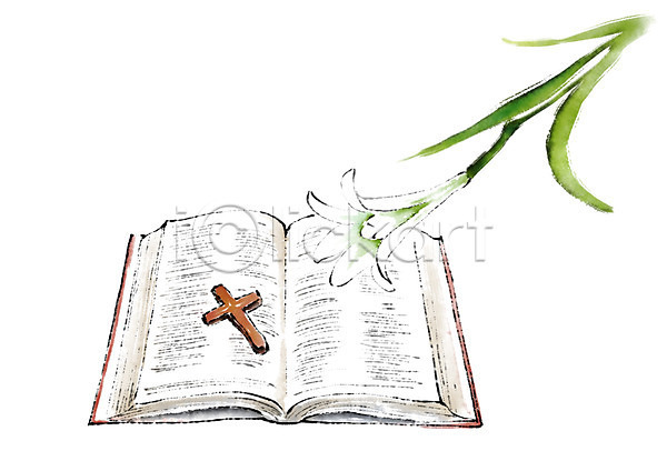 사람없음 PSD 일러스트 기독교 기독교용품 꽃 백합(꽃) 성경 십자가 캘리그라피 펼침