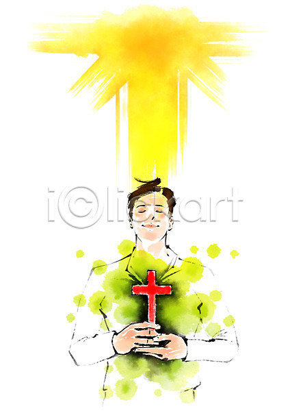 남자 성인 한명 PSD 일러스트 기도 기독교 눈감음 들기 번짐 십자가 캘리그라피 햇빛