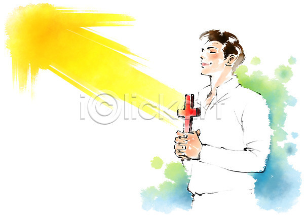 남자 성인 한명 PSD 일러스트 기도 기독교 눈감음 들기 번짐 십자가 캘리그라피 햇빛