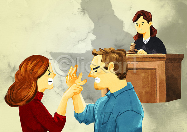 남자 성인 세명 여자 PSD 일러스트 부부 부부싸움 삿대질 상반신 싸움 의사봉 이혼 판사