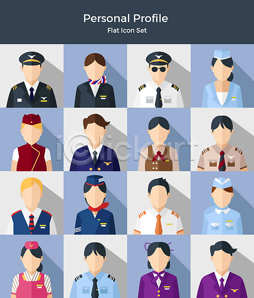 남자 사람 여러명 여자 AI(파일형식) 아이콘 플랫아이콘 공항 기장(직업) 다양 상반신 세트 승무원 얼굴없음 유니폼 직업
