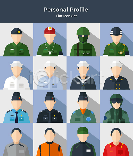 군대 남자 사람 여러명 여자 AI(파일형식) 아이콘 플랫아이콘 공군 군복 군인 다양 상반신 세트 얼굴없음 육군 전투복 해군 해병대 헬멧