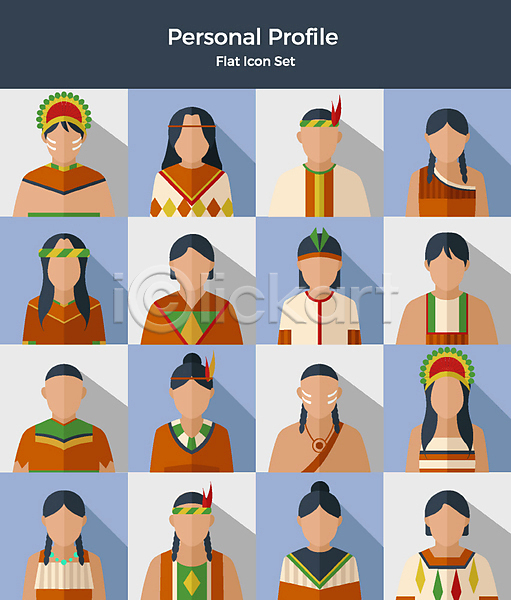 남자 사람 여러명 여자 AI(파일형식) 아이콘 플랫아이콘 가족 깃털 다양 상반신 세트 원주민 인디언 장신구 전통의상