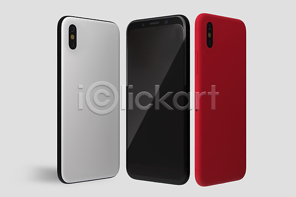 사람없음 3D PSD 디지털합성 편집이미지 3D소스 목업 빨간색 세개 스마트폰 전자제품 핸드폰 흰색