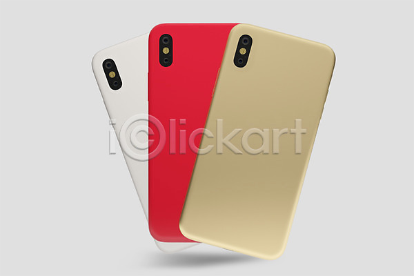 사람없음 3D PSD 디지털합성 편집이미지 3D소스 금색 목업 빨간색 세개 스마트폰 전자제품 핸드폰 흰색