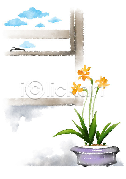 사람없음 PSD 일러스트 구름(자연) 꽃 식물 창문 캘리그라피 하늘 화분