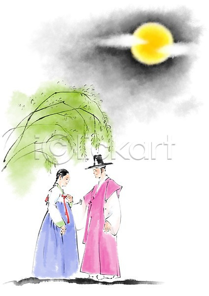 남자 두명 성인 여자 PSD 일러스트 버드나무 보름달 서기 전신 전통 커플 한국전통 한복