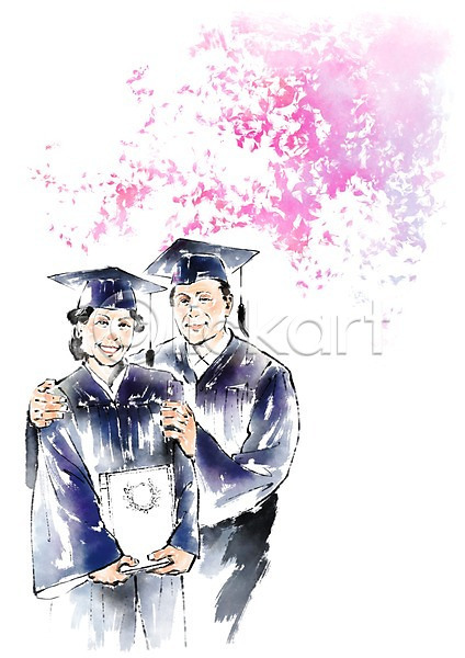 남자 노년 두명 여자 PSD 일러스트 꽃나무 들기 분홍색 상반신 서기 전통 졸업 졸업가운 졸업장 학사모 한국전통