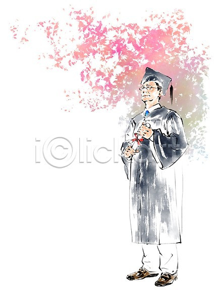남자 노년 한명 PSD 일러스트 꽃나무 들기 분홍색 서기 전신 전통 졸업 졸업가운 졸업장 학사모 한국전통