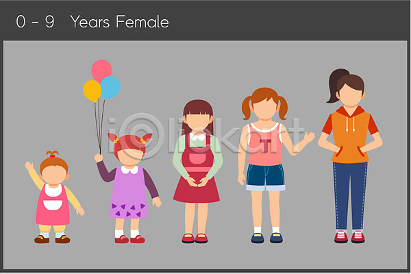 성장 소녀(어린이) 소녀만 아기 어린이 여러명 여자 AI(파일형식) 일러스트 서기 전신 패션 풍선