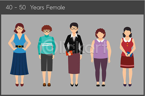 40대 50대 여러명 여자 중년 중년여자만 AI(파일형식) 일러스트 들기 서기 전신 정장 지갑 직장인 캐주얼 패션