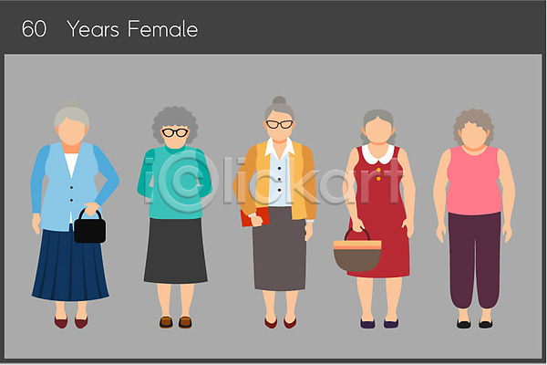 60대 노년 노인여자만 여러명 여자 AI(파일형식) 일러스트 가방 들기 서기 전신 정장 캐주얼 패션 할머니