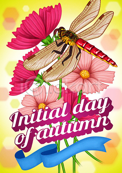 사람없음 PSD 일러스트 가을(계절) 기념일 꽃 리본 보케 이벤트 입추 잠자리 코스모스(꽃) 포스터
