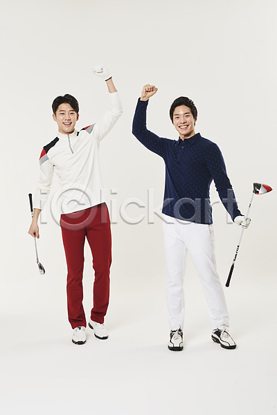 기쁨 20대 남자 두명 성인 성인남자만 한국인 JPG 앞모습 포토 골프 골프채 들기 미소(표정) 서기 스튜디오촬영 스포츠 실내 전신 파이팅