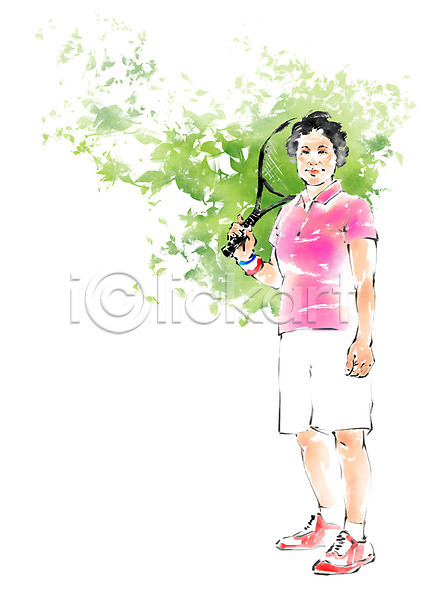 노년 여자 한명 PSD 일러스트 나뭇잎 들기 붓터치 서기 운동 웃음 전신 캘리그라피 테니스라켓