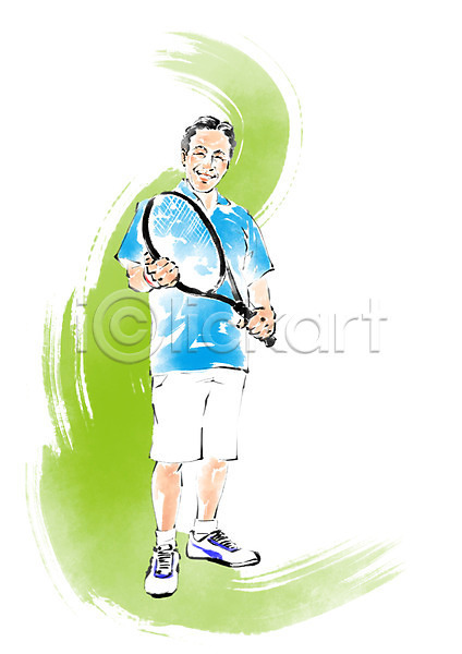 남자 노년 한명 PSD 일러스트 건강 붓터치 서기 운동 웃음 전신 캘리그라피 테니스 테니스라켓