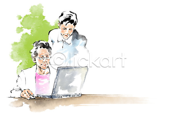 남자 노년 두명 성인 여자 PSD 앞모습 일러스트 교육 노트북 붓터치 웃음 캘리그라피