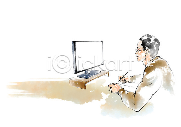 남자 노년 한명 PSD 일러스트 랜선라이프 붓터치 상반신 앉기 온라인강의 캘리그라피 컴퓨터
