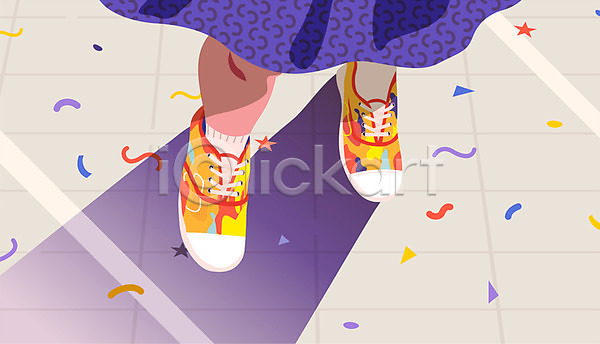 신체부위 여자 한명 AI(파일형식) 일러스트 꽃가루 다리(신체부위) 바닥 보라색 신발 울트라바이올렛 패션