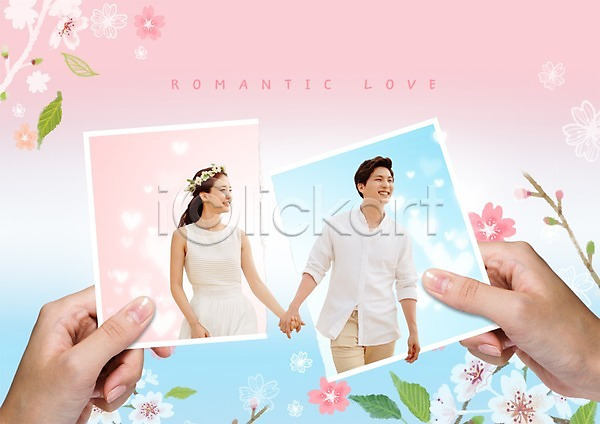 로맨틱 사랑 20대 남자 두명 성인만 신체부위 여자 한국인 PSD 앞모습 편집이미지 결혼 꽃 드레스 들기 미소(표정) 상반신 손 손잡기 화관