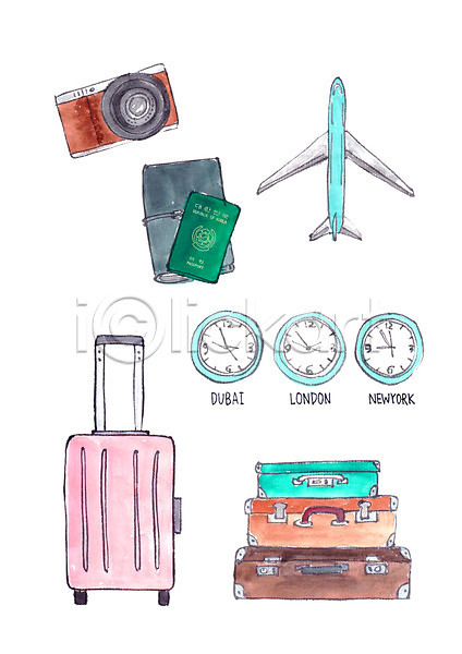 사람없음 PSD 일러스트 비행기 세계시간 여권 여행 여행가방 오브젝트 카메라 캐리어