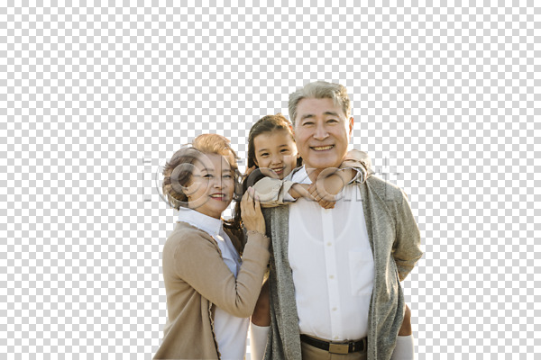 60대 남자 노년 사람 세명 어린이 여자 한국인 PNG 앞모습 옆모습 편집이미지 가족 상반신 서기 손녀 업기 웃음 편집소스 할머니 할아버지