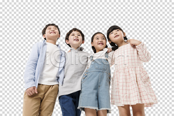 남자 사람 어린이 어린이만 여러명 여자 초등학생 한국인 PNG 로우앵글 앞모습 편집이미지 상반신 서기 어깨동무 응시 친구 편집소스