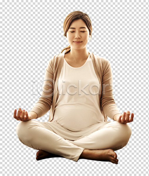 30대 사람 성인 성인여자한명만 여자 한국인 한명 PNG 앞모습 편집이미지 눈감음 명상 앉기 요가 임산부 임신 전신 태교 편집소스