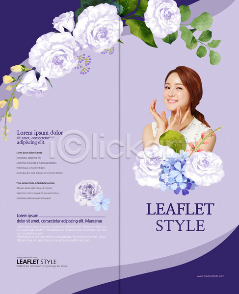 20대 성인 성인여자한명만 여자 한국인 한명 PSD 템플릿 2단접지 꽃 나뭇잎 리플렛 보라색 북디자인 북커버 상반신 출판디자인 팜플렛 표지 표지디자인